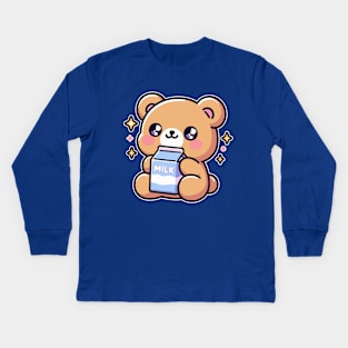 Cute Teddy Bear Loves Milk - Kawaii Nursery Baby Kids Long Sleeve T-Shirt